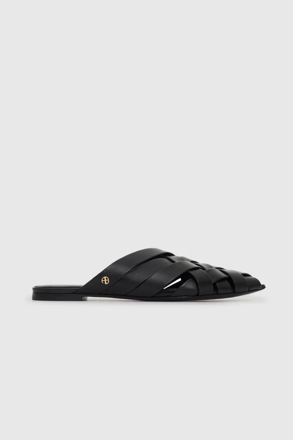Annie Bing Eve Flats - Black Leather Woven Slip-On with Gold Monogram - Image 3