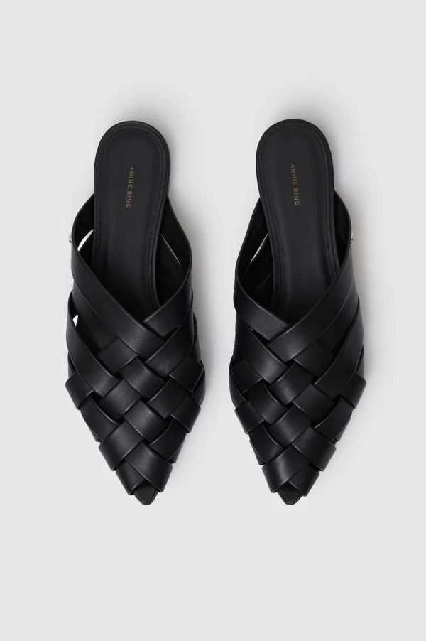 Annie Bing Eve Flats - Black Leather Woven Slip-On with Gold Monogram - Image 2