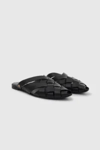 Annie Bing Eve Flats - Black Leather Woven Slip-On with Gold Monogram