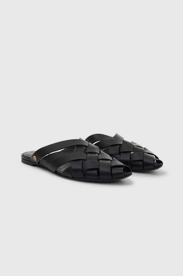 Annie Bing Eve Flats - Black Leather Woven Slip-On with Gold Monogram