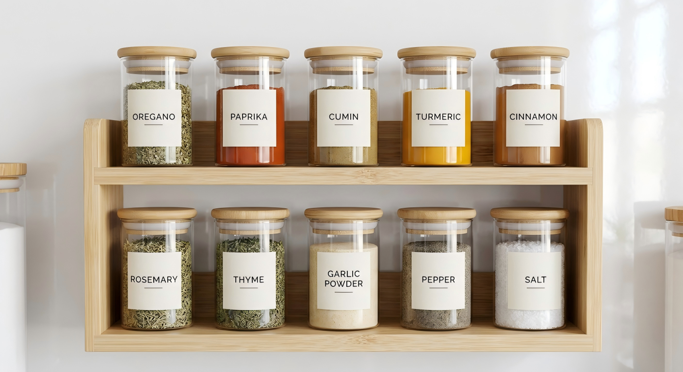 Minimalist spice jars and organized small luxury kitchen layout