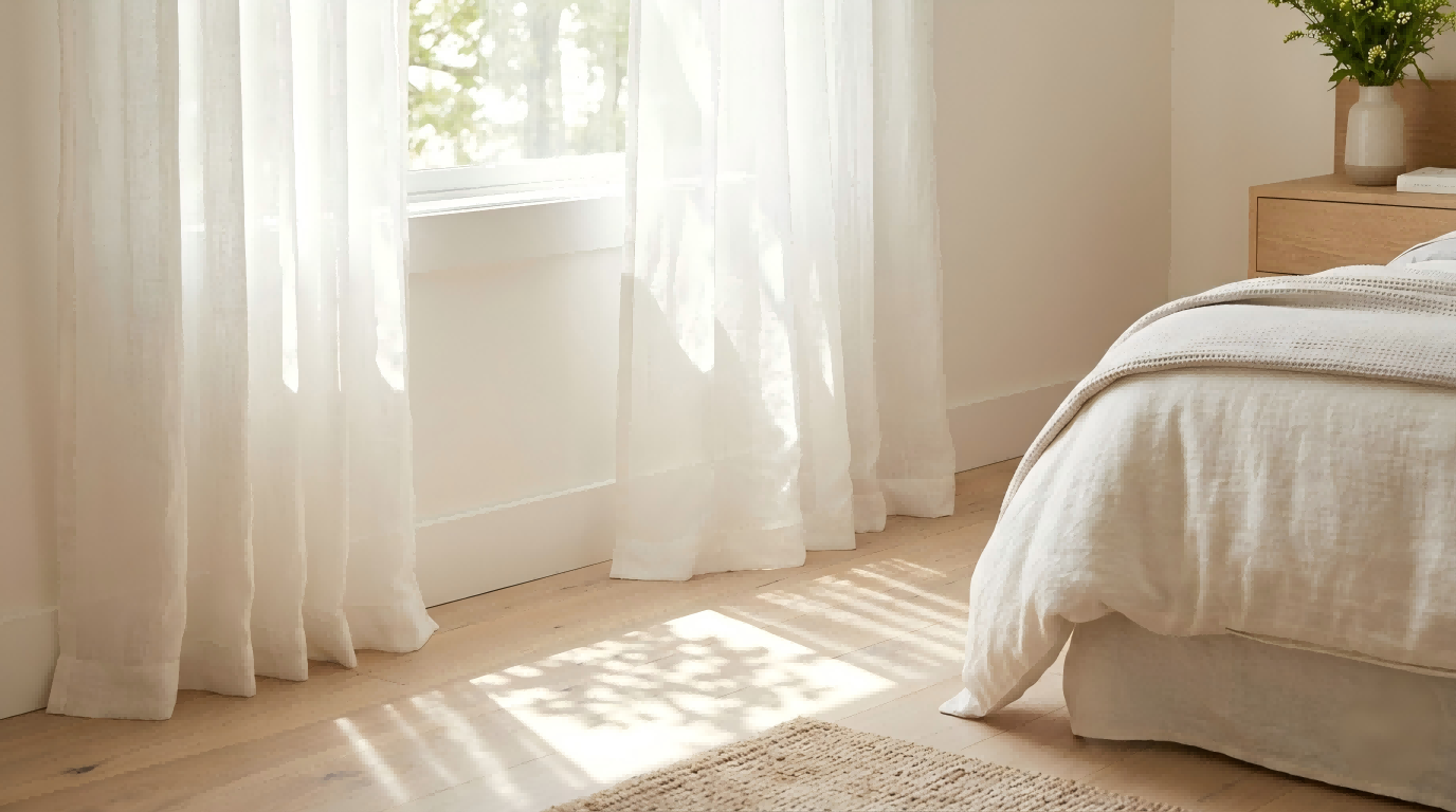 Airy bedroom window styling with light-diffusing curtains for warm hot weather seasons.