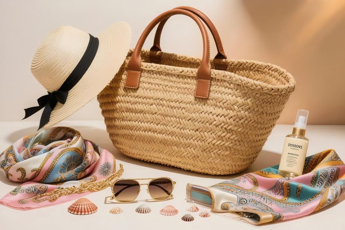 A luxury summer vacation flatlay featuring a straw beach bag, sun hat, and designer sunglasses