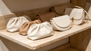 A flatlay collection of premium leather contemporary designer handbags sitting on a clean minimalist shelf.