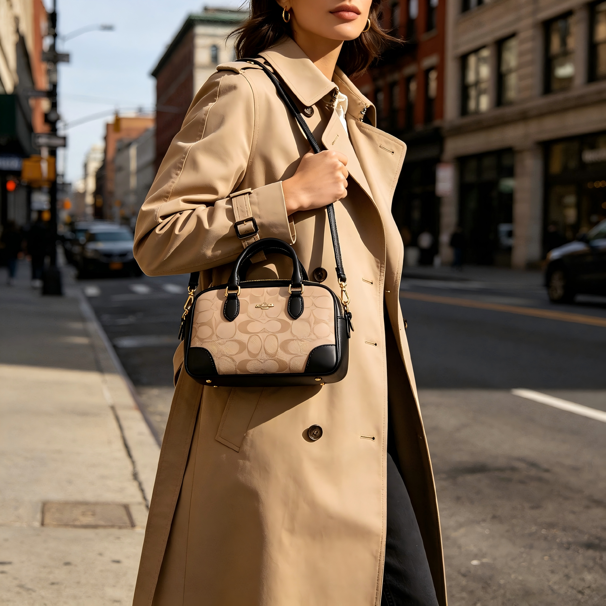 A close-up view of a woman styling a neutral Coach Pillow Tabby shoulder bag with a tailored trench coat.
