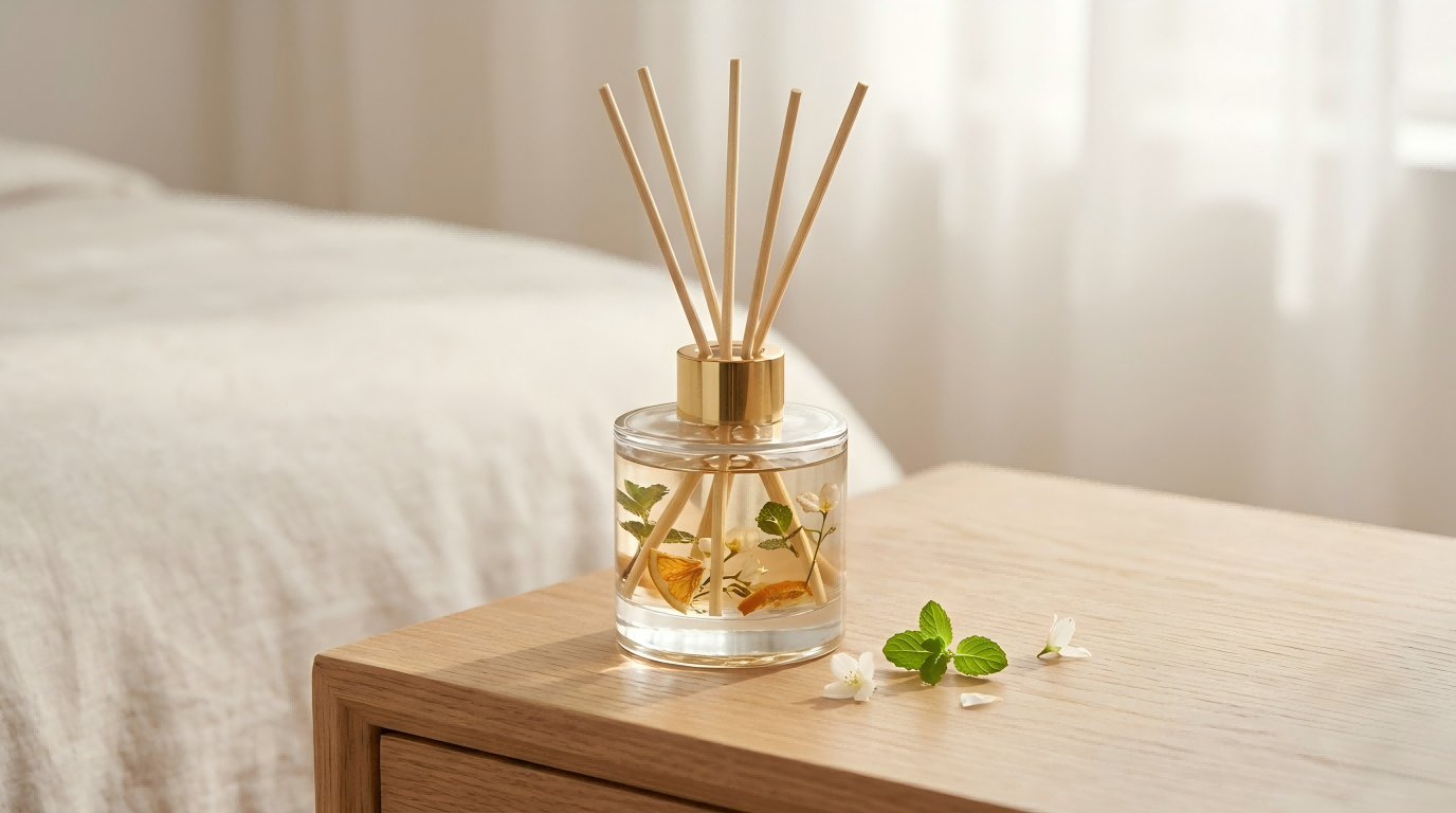 Minimalist glass reed diffuser with fresh early summer botanicals on a modern concrete nightstand.