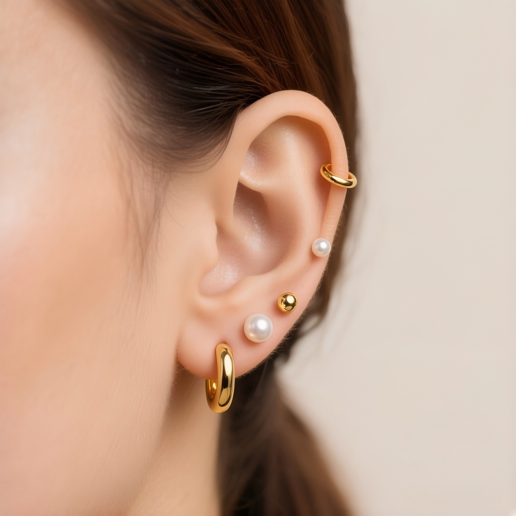 A curated ear styling inspiration featuring solid gold huggie hoop earrings and a dainty pearl stud.