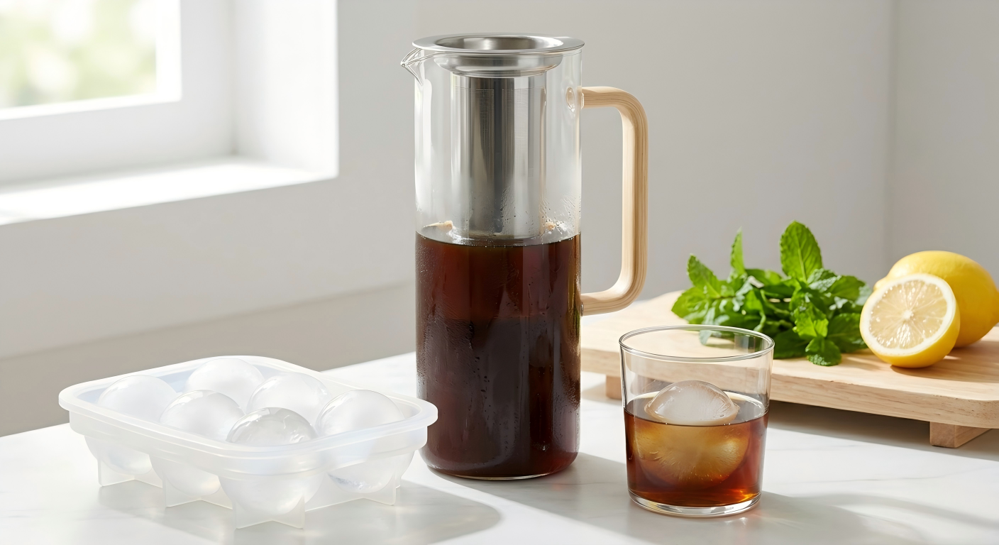 Elegant glass cold brew maker and refreshing summer iced drinks