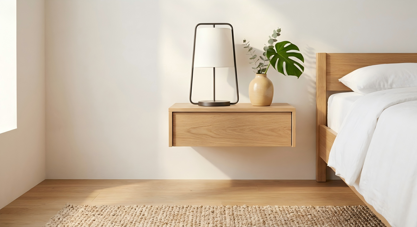 A wall-mounted wooden floating nightstand with a ceramic vase and a single green leaf.