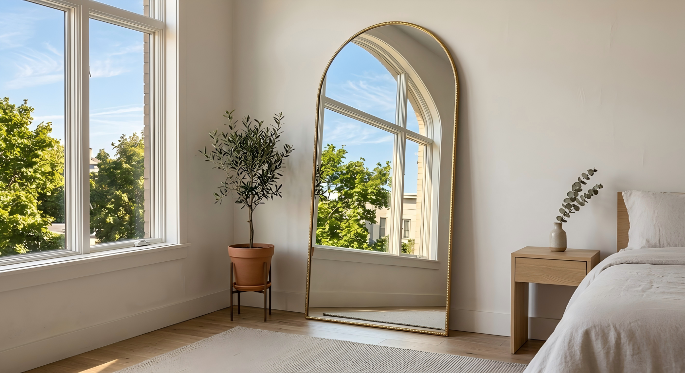 A sleek arched full-length brass mirror reflecting bright morning light in an airy small bedroom.
