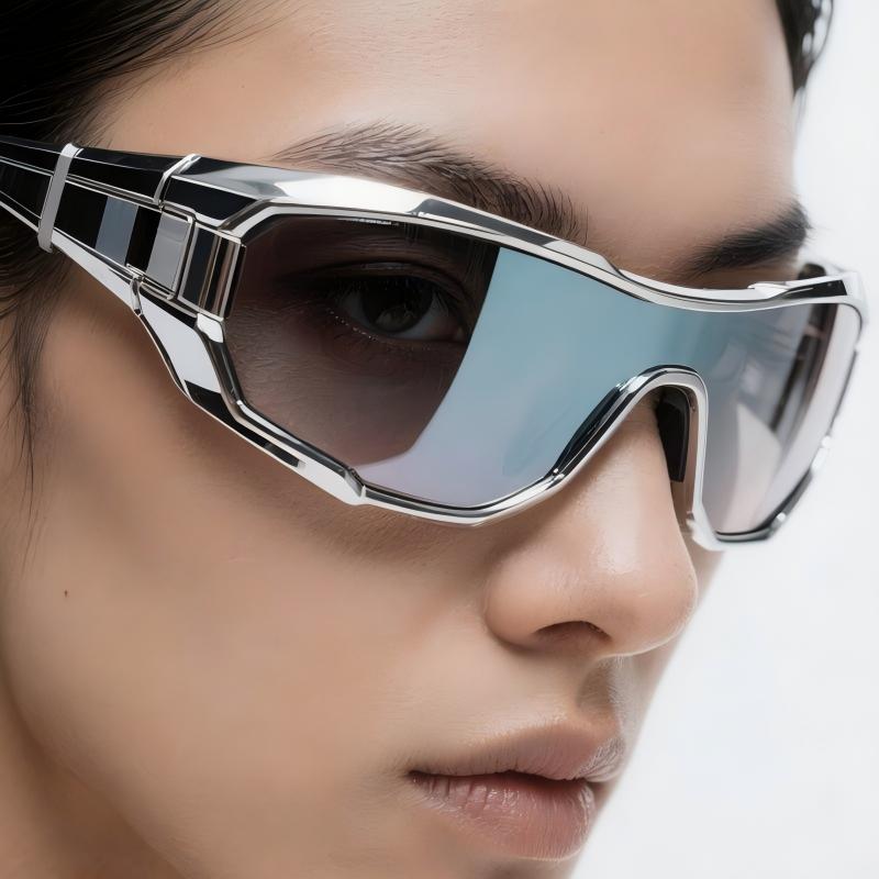 A close-up of high-fashion futuristic shield sunglasses with rimless frames