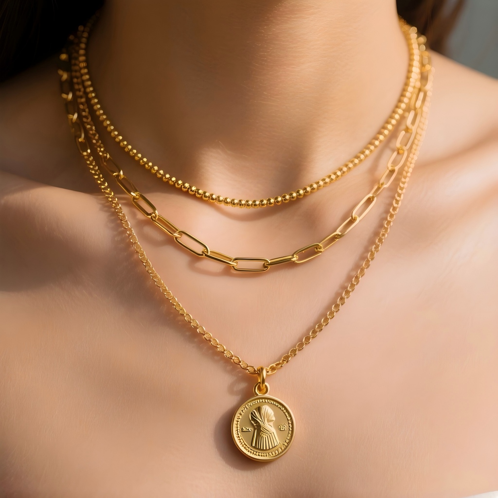 A close-up styling guide showing how to stack three gold necklaces of different lengths and textures.