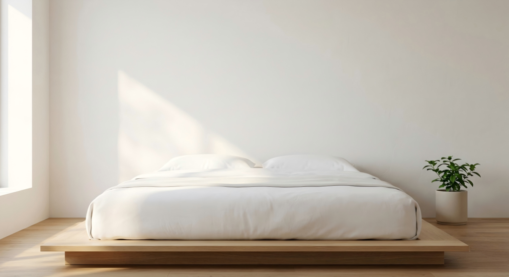 A minimalist low-profile wooden platform bed with crisp white sheets in a sunlit bedroom