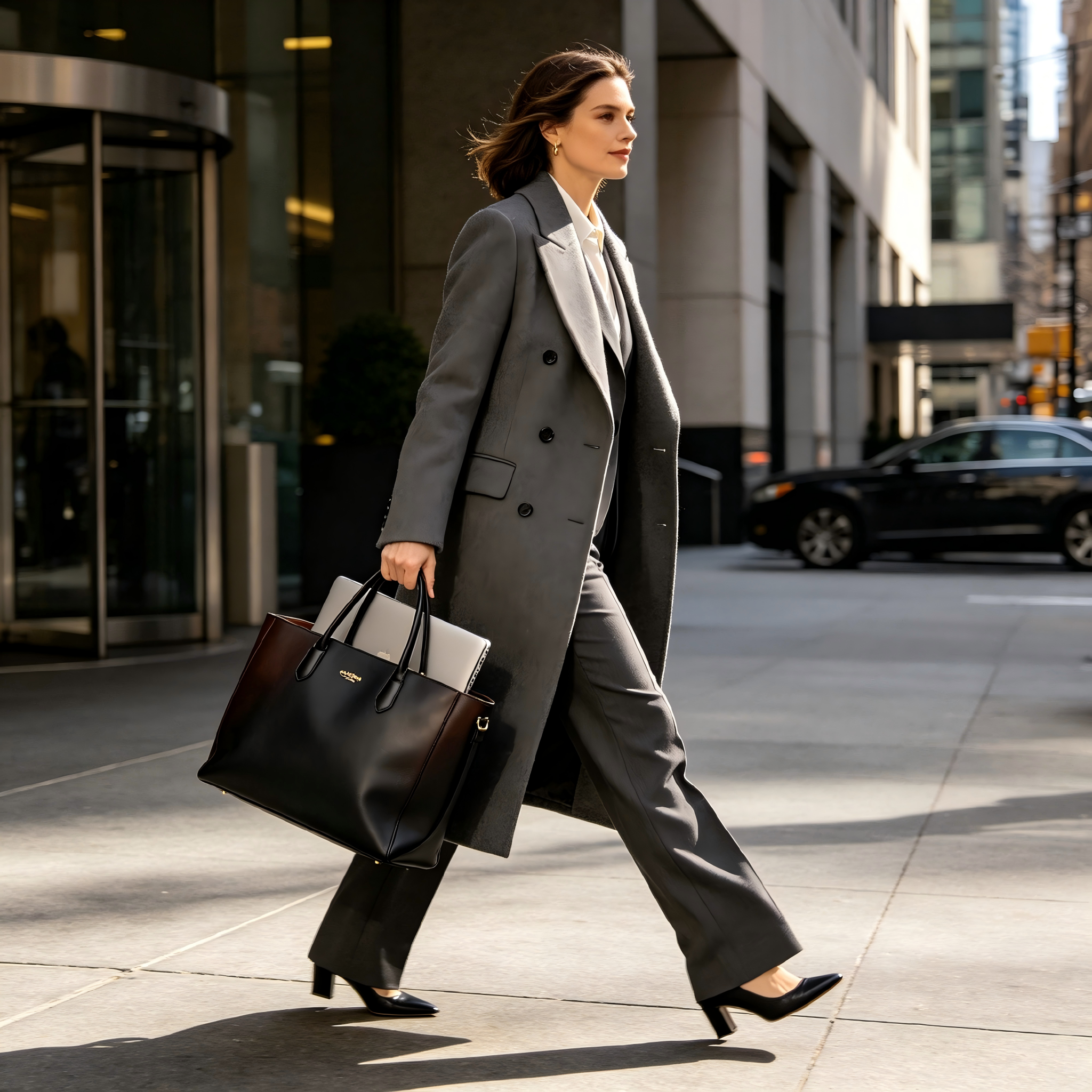 A professional woman carrying a structured luxury leather work tote bag perfect for holding a laptop.