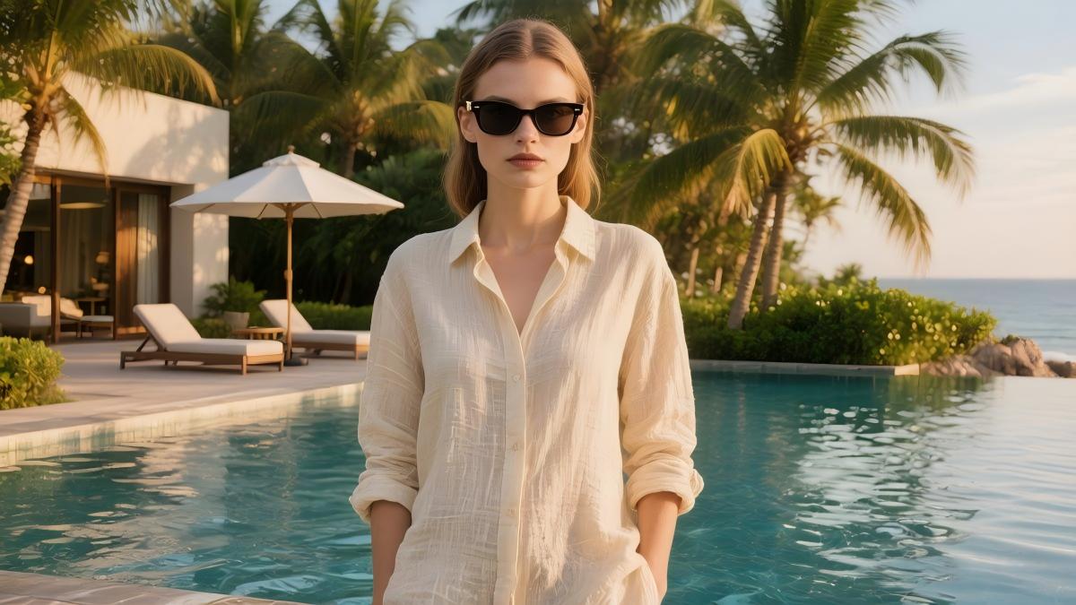 A stylish woman wearing designer sunglasses on a luxury beach vacation resort