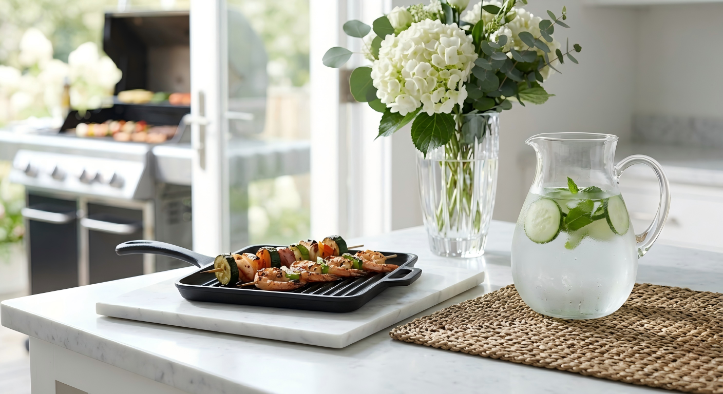 Minimalist white marble trivet and woven seagrass mats counter protection