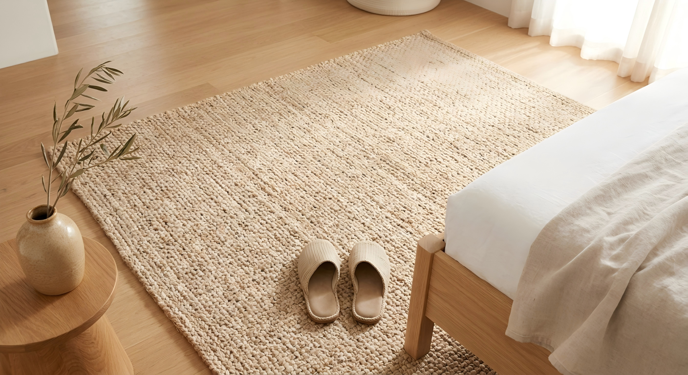 A textured natural jute area rug styled under a modern bed setup with airy coastal vibes.
