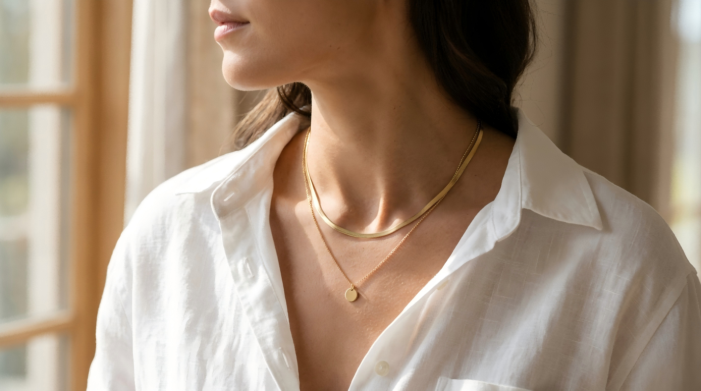 A close-up shot of layered minimalist 14K gold necklaces on a white linen shirt