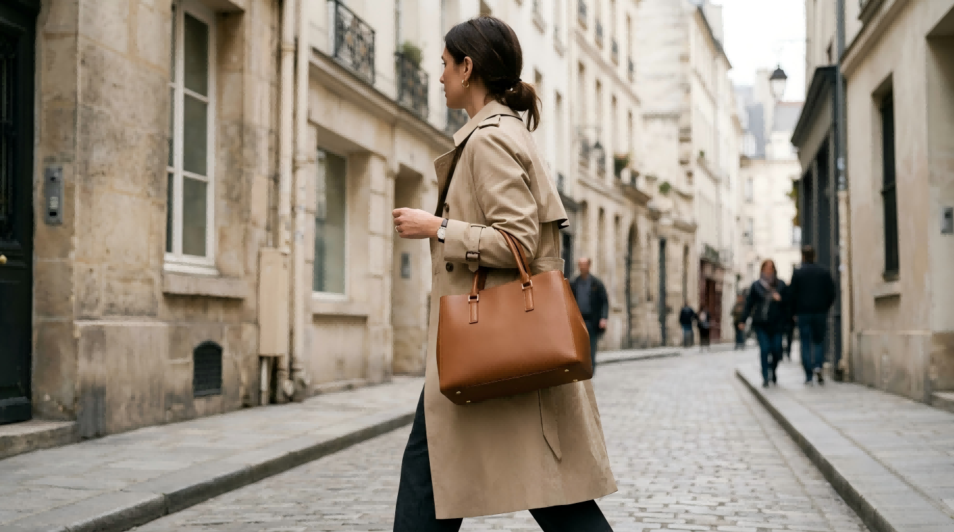 A chic woman carrying a structured tan leather tote bag, old money aesthetic street style