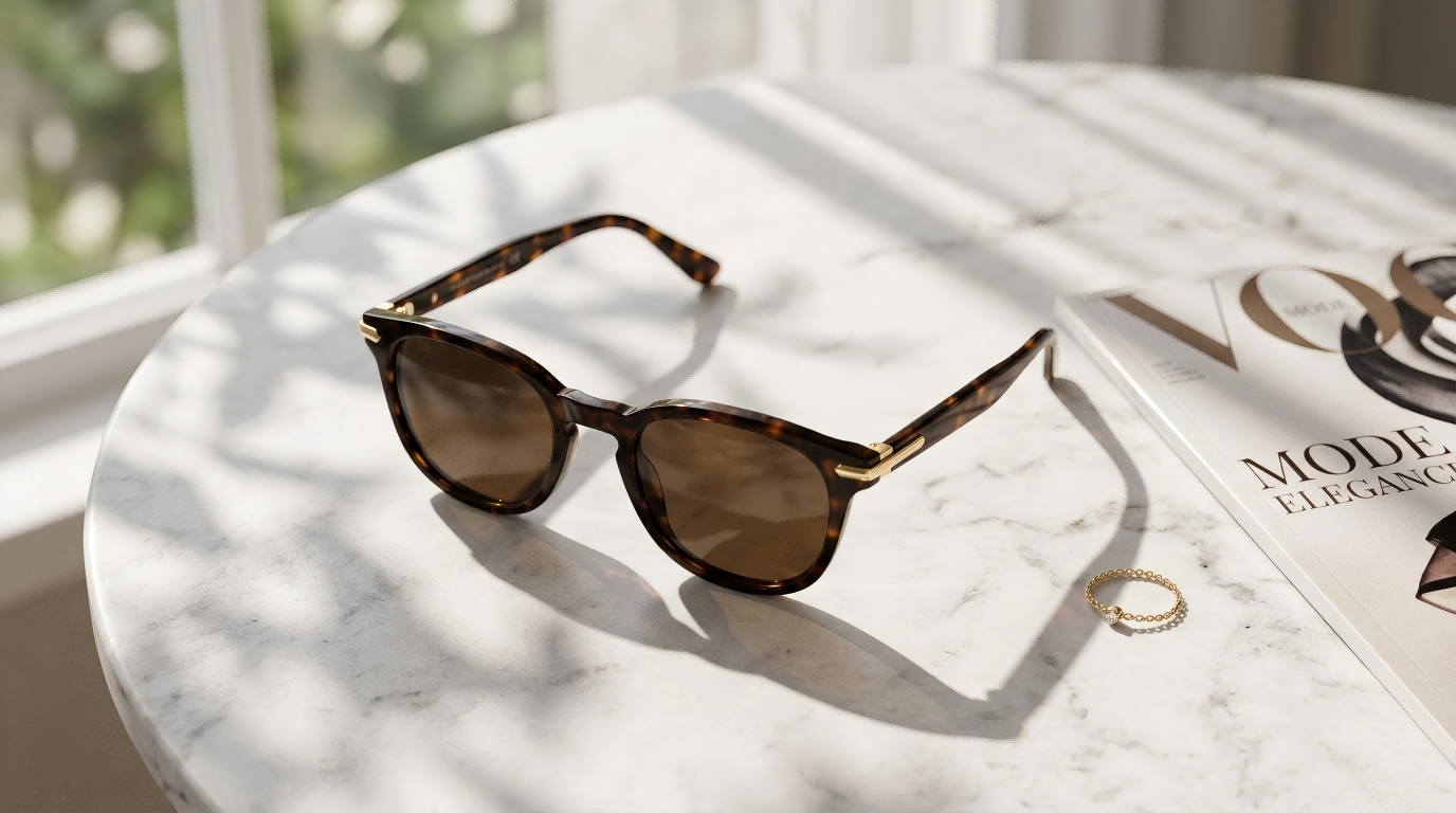 An elegant still life photography of classic tortoiseshell sunglasses on a marble tabletop