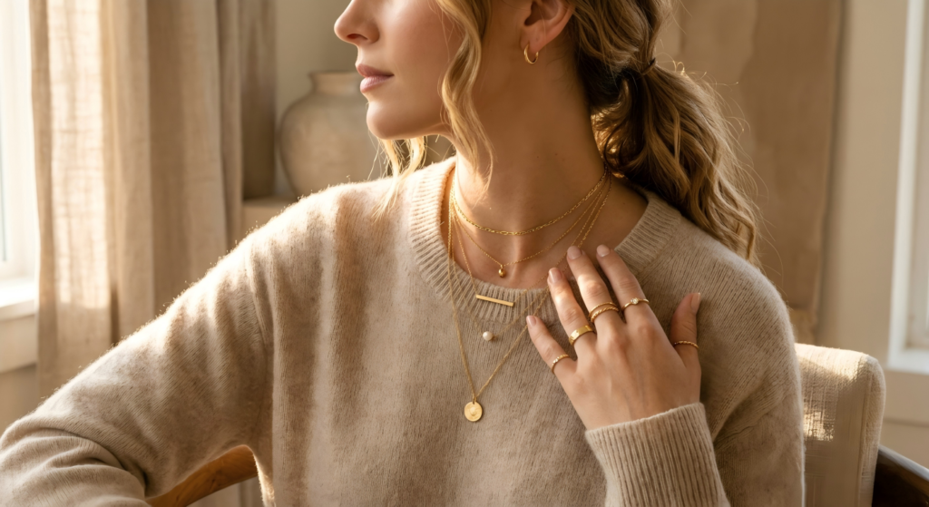 A collection of layered minimalist gold necklaces and stacked rings on a woman wearing a neutral knit sweater.