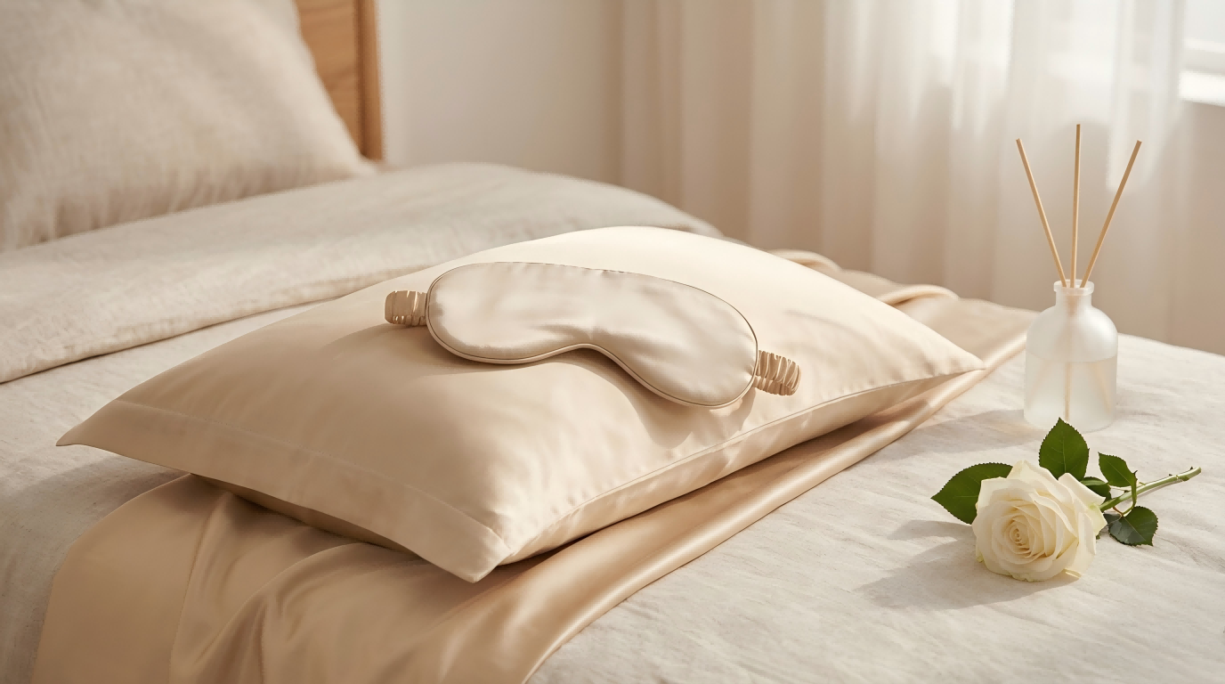 Premium mulberry silk pillowcases and matching silk eye mask styled on a luxurious luxury bed.