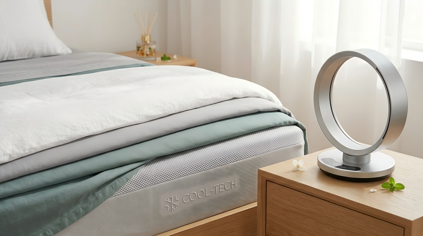 Sophisticated airy bedroom setup showcasing lightweight summer bedding layers and a sleek smart fan.
