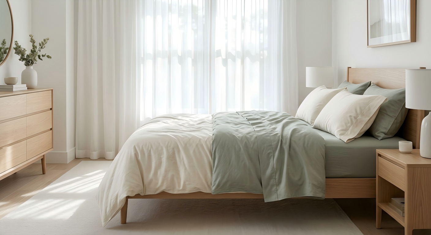A cozy master bedroom showcasing the best cooling sheets for a perfect summer bedding routine.