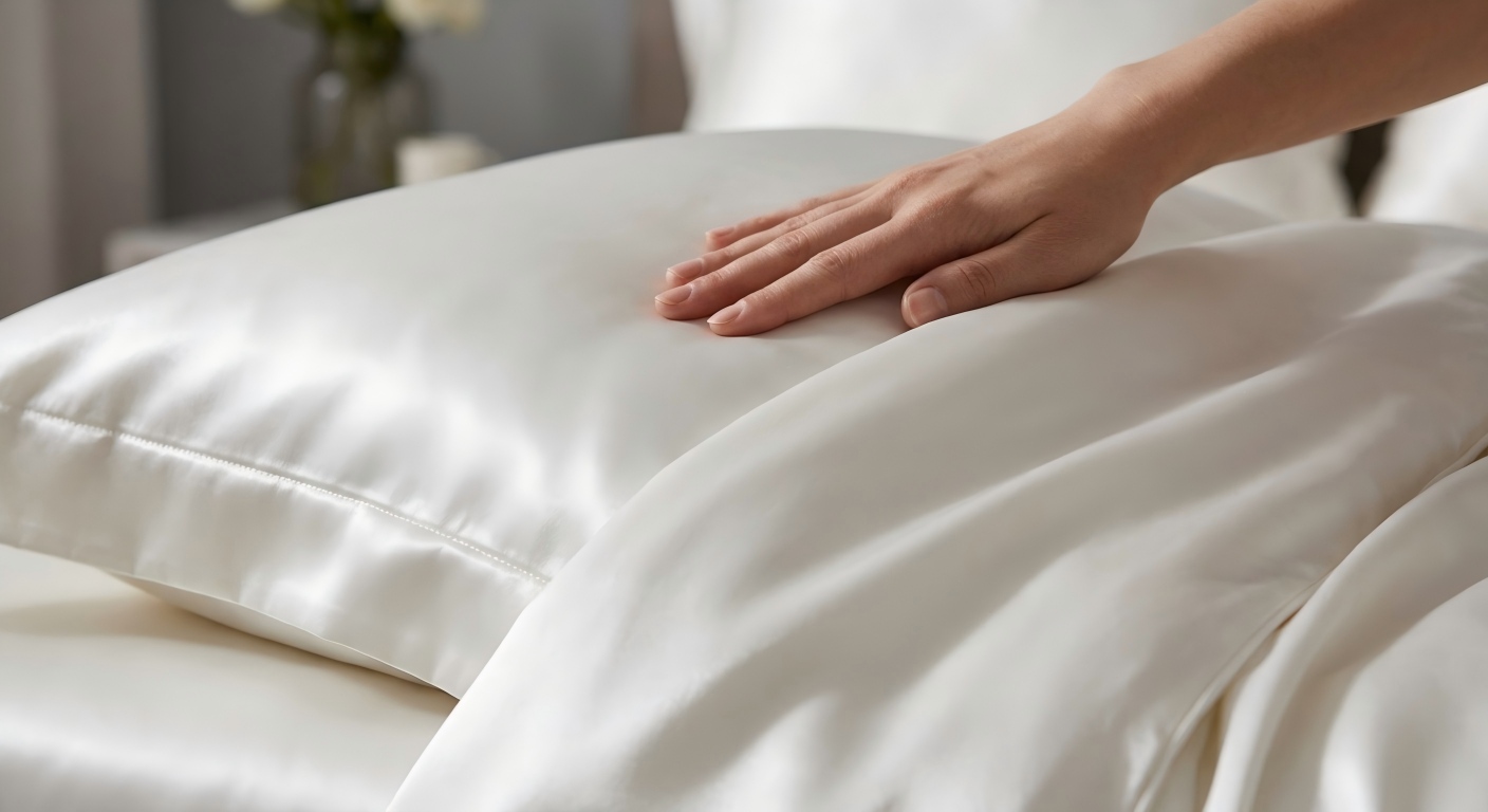 Close-up of a luxurious mulberry silk pillowcase and lightweight silk duvet for night sweats solutions.