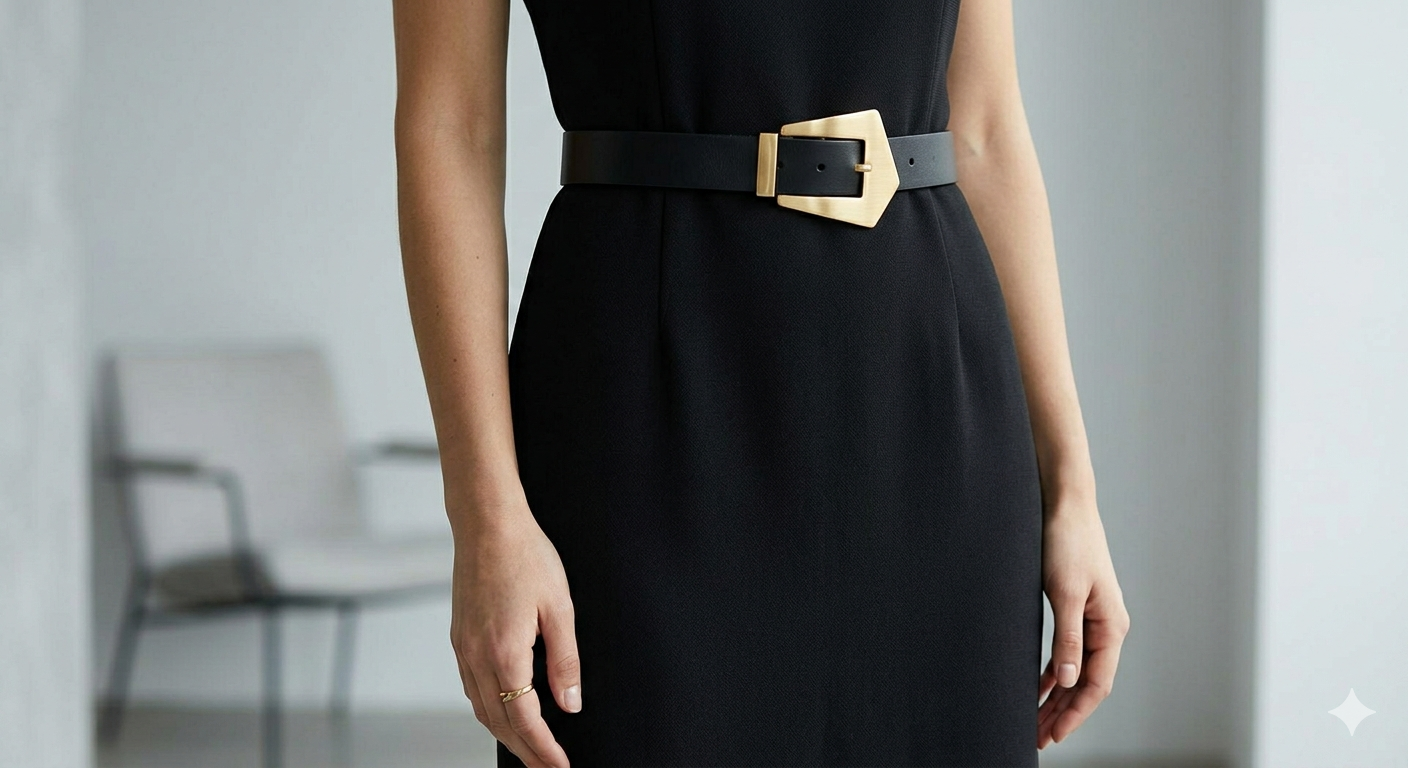 Elegant black office dress accessorized with a gold buckle leather belt