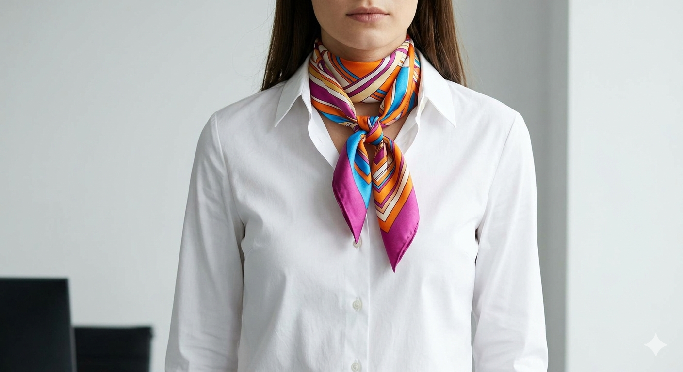 A professional woman wearing a white shirt styled with a colorful silk scarf