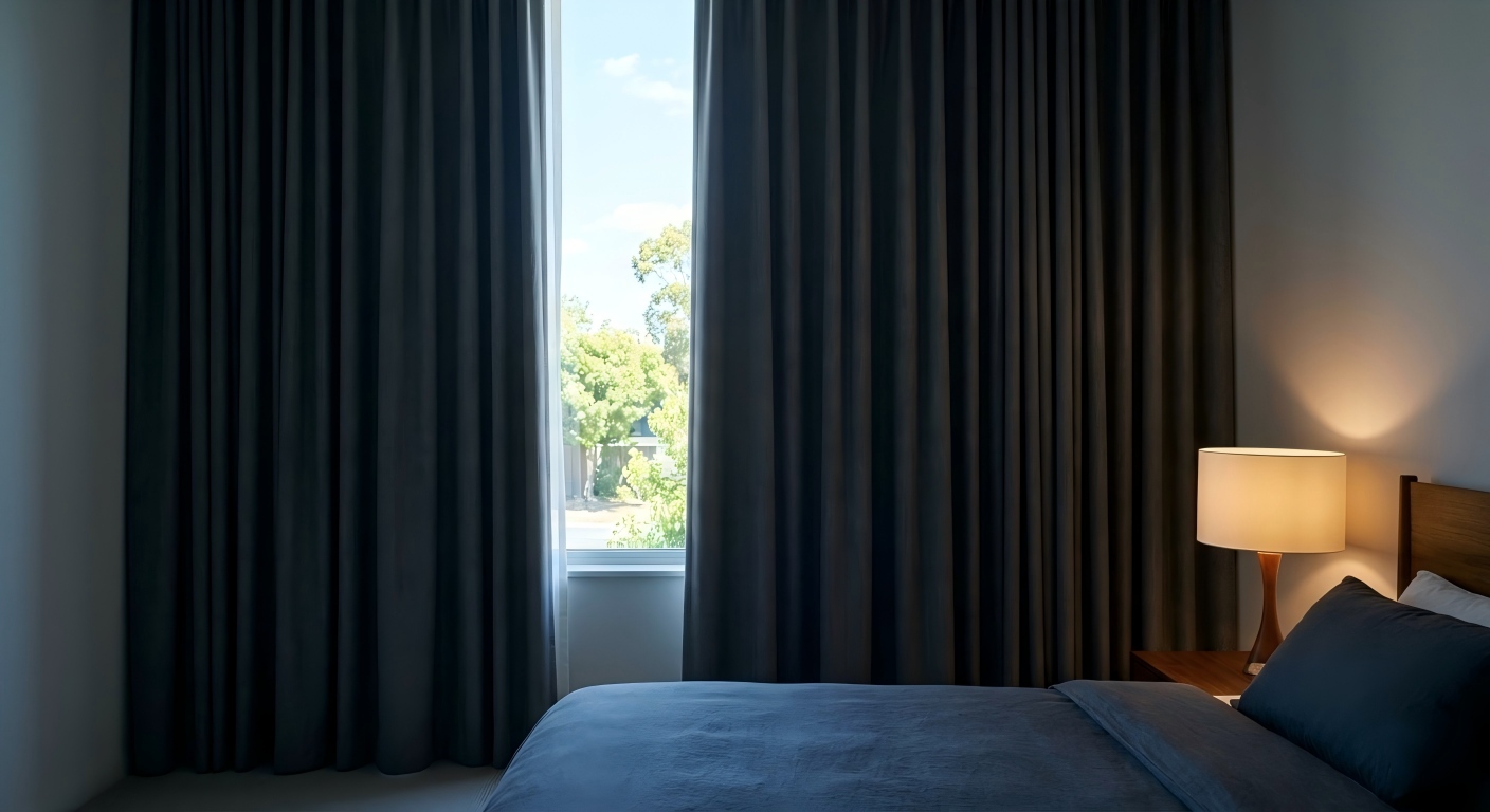 Elegant thermal blackout curtains blocking out summer heat to keep the bedroom cool.