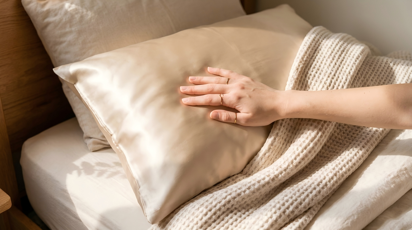 Affordable satin pillowcase and textured throw blanket college bedding