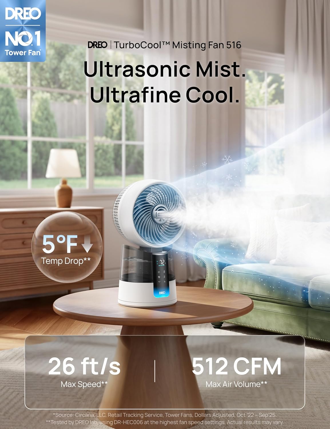 Chic cream-toned apartment living room featuring the Dreo TurboCool Evaporative Air Cooler