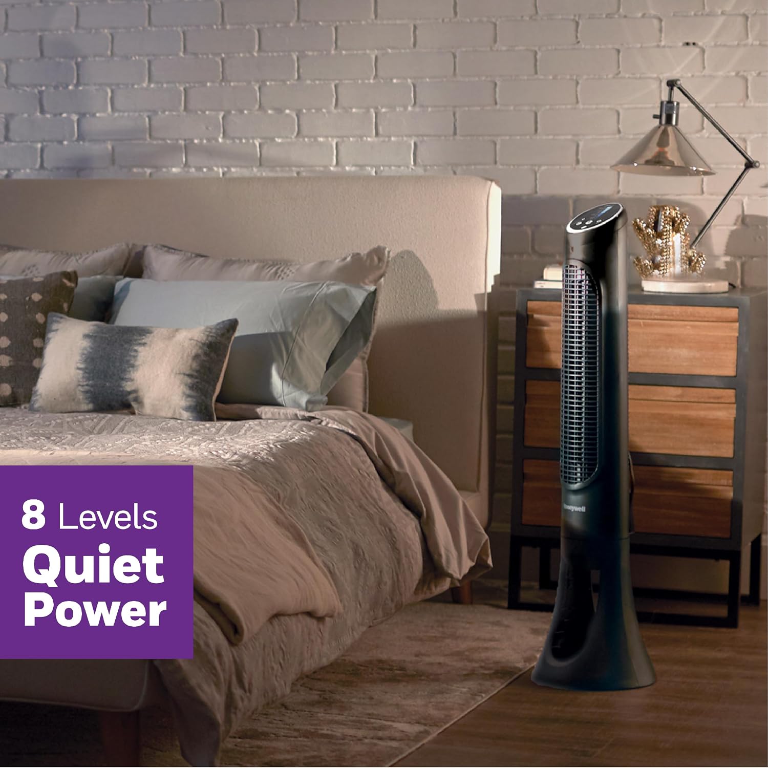 Honeywell HYF290B QuietSet Fan styled in a cozy quiet bedroom setting