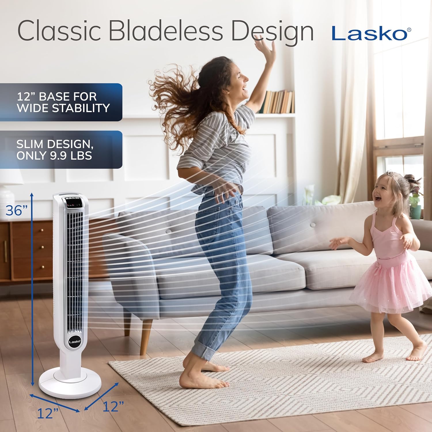 Lasko 36-Inch Tower Fan positioned beautifully in a minimalist kitchen dining space