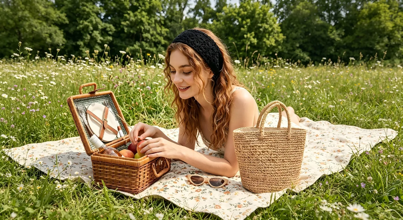 Boho crochet knit headband worn styled with beach outfit