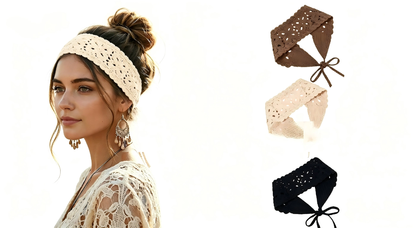 Boho crochet knit headband flat lay three neutral colors