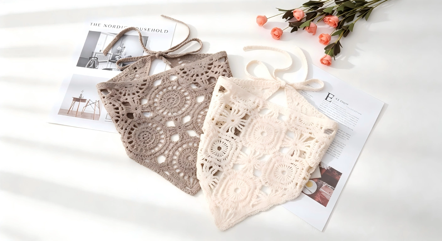 Crochet boho hair bandana scarf worn on model
