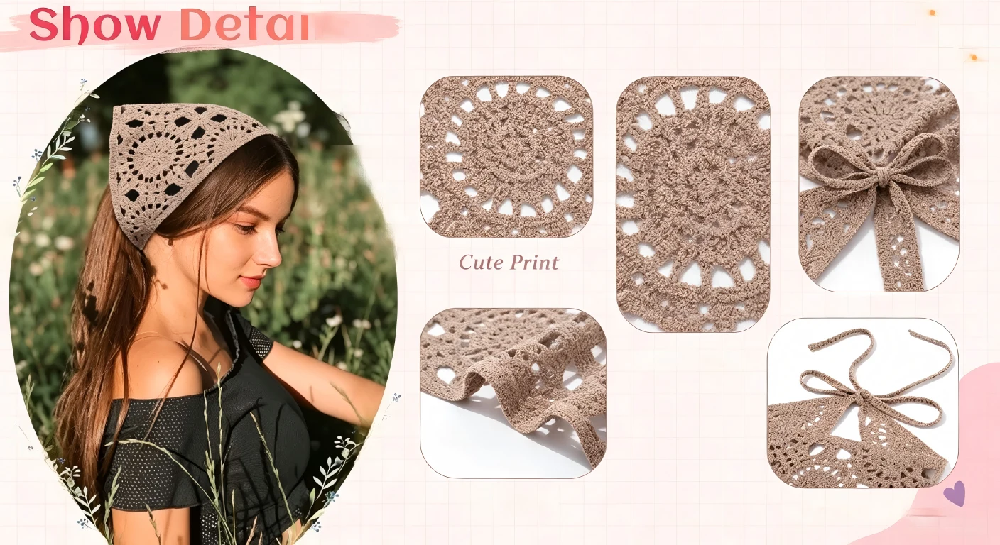 Crochet boho hair bandana scarf flat lay neutral tones