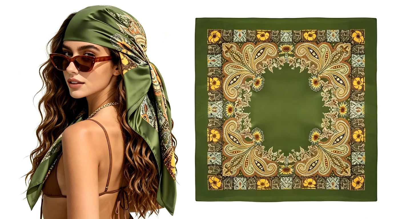 Large square satin head scarf flat lay olive paisley print