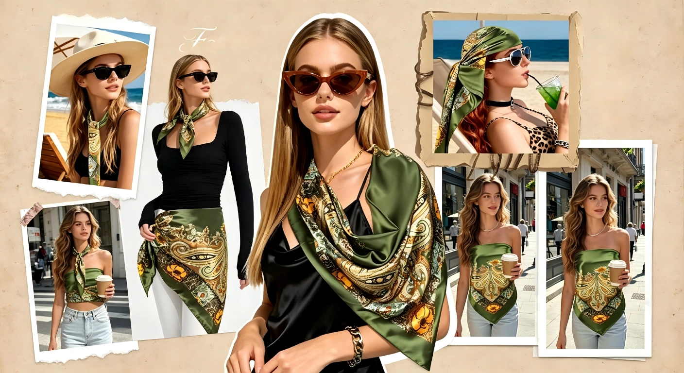 Large square satin head scarf styled as neck scarf on model