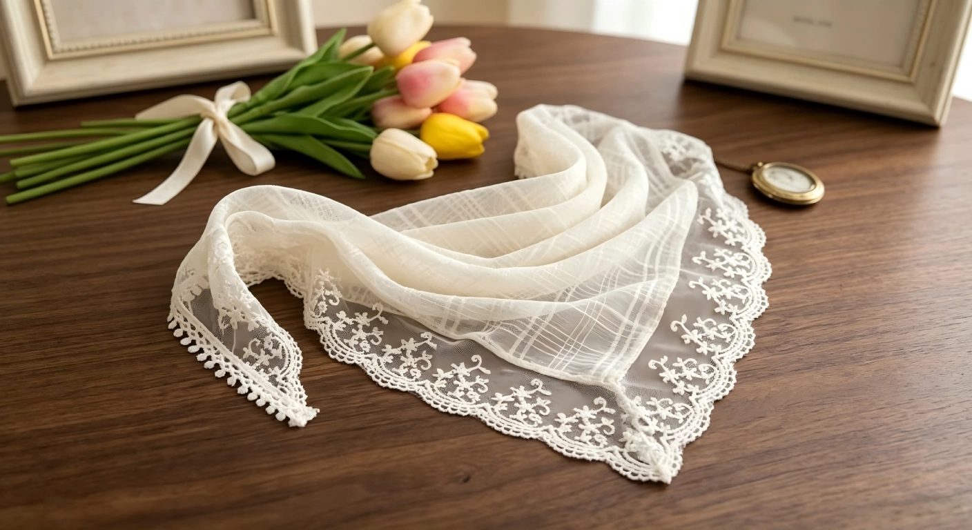Vintage lace bandana headband flat lay pom-pom trim detail