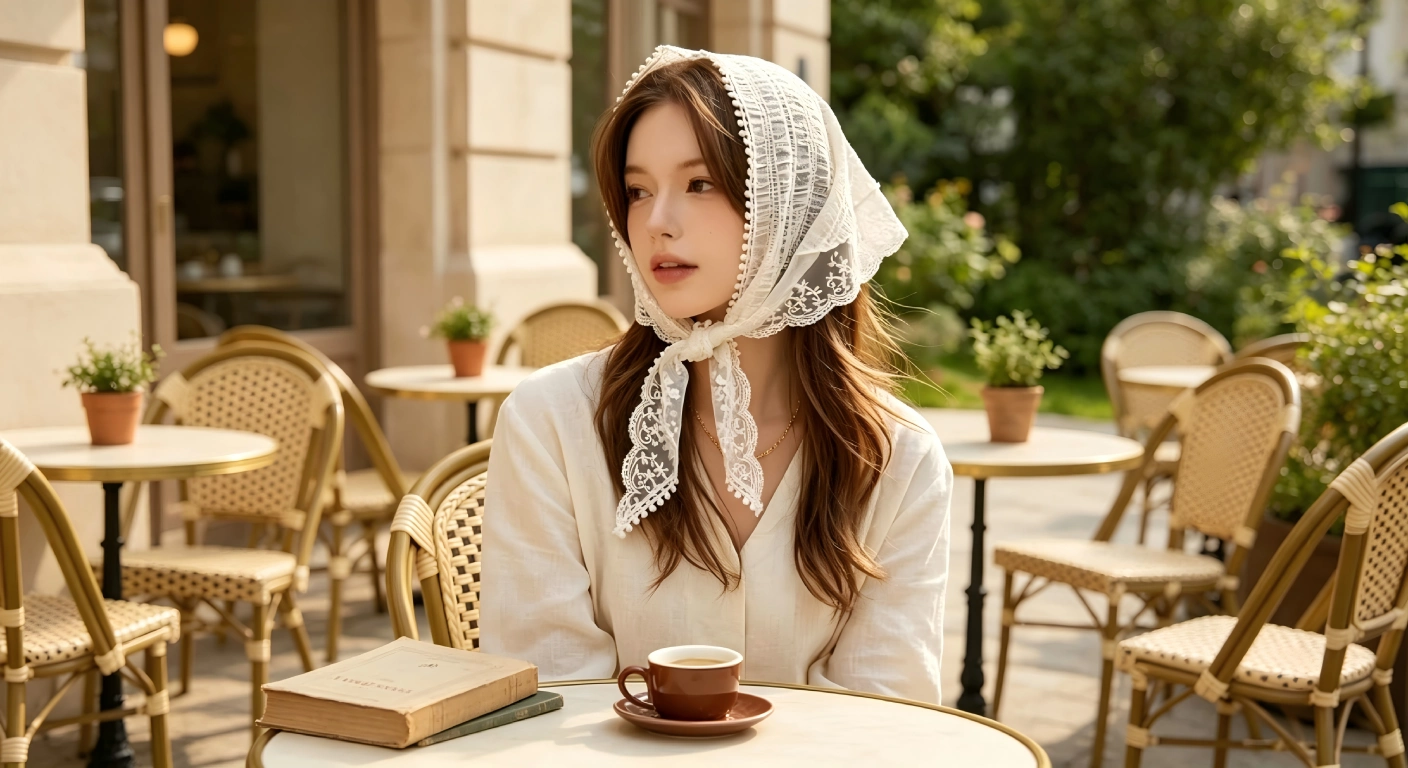 Vintage lace bandana headband worn tied under chin