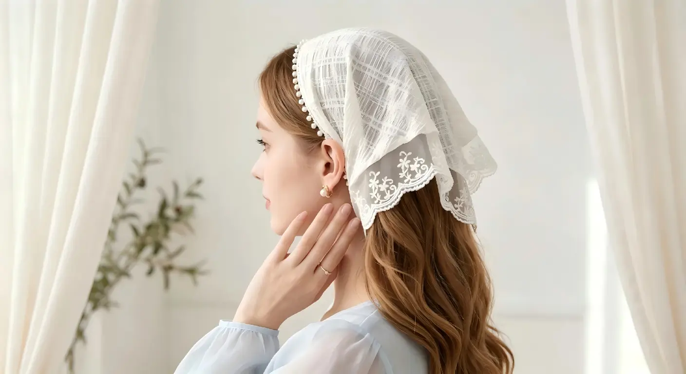 Vintage lace bandana headband styled at outdoor cafe