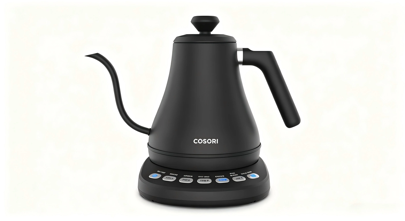 Cosori matte black gooseneck electric kettle on counter